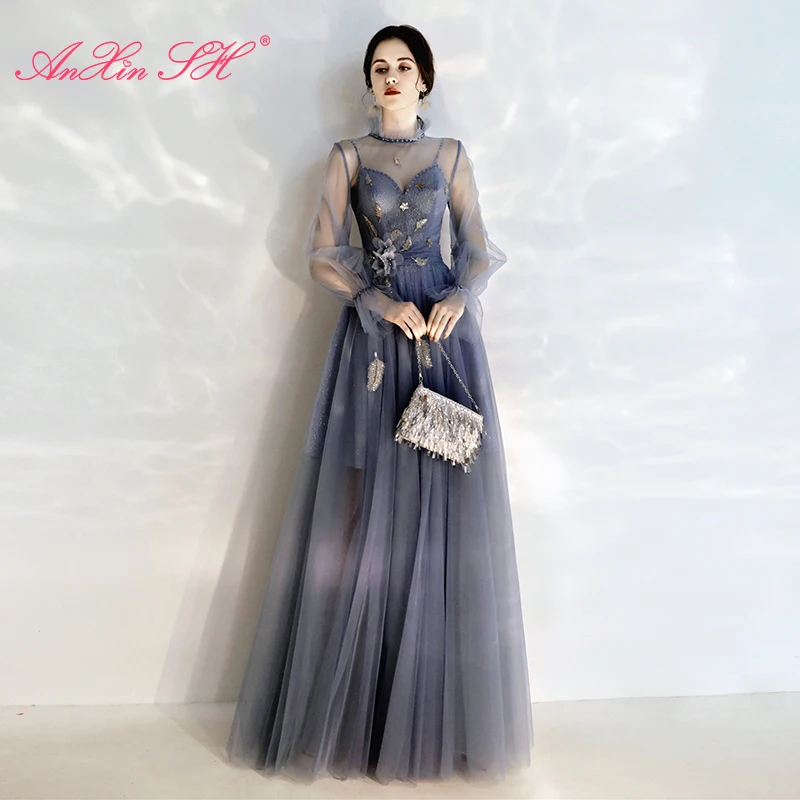 AnXin SH prenses mavi çiçek dantel abiye vintage parti yüksek ruffles boyun boncuk çiçek uzun kollu gelin akşam elbise