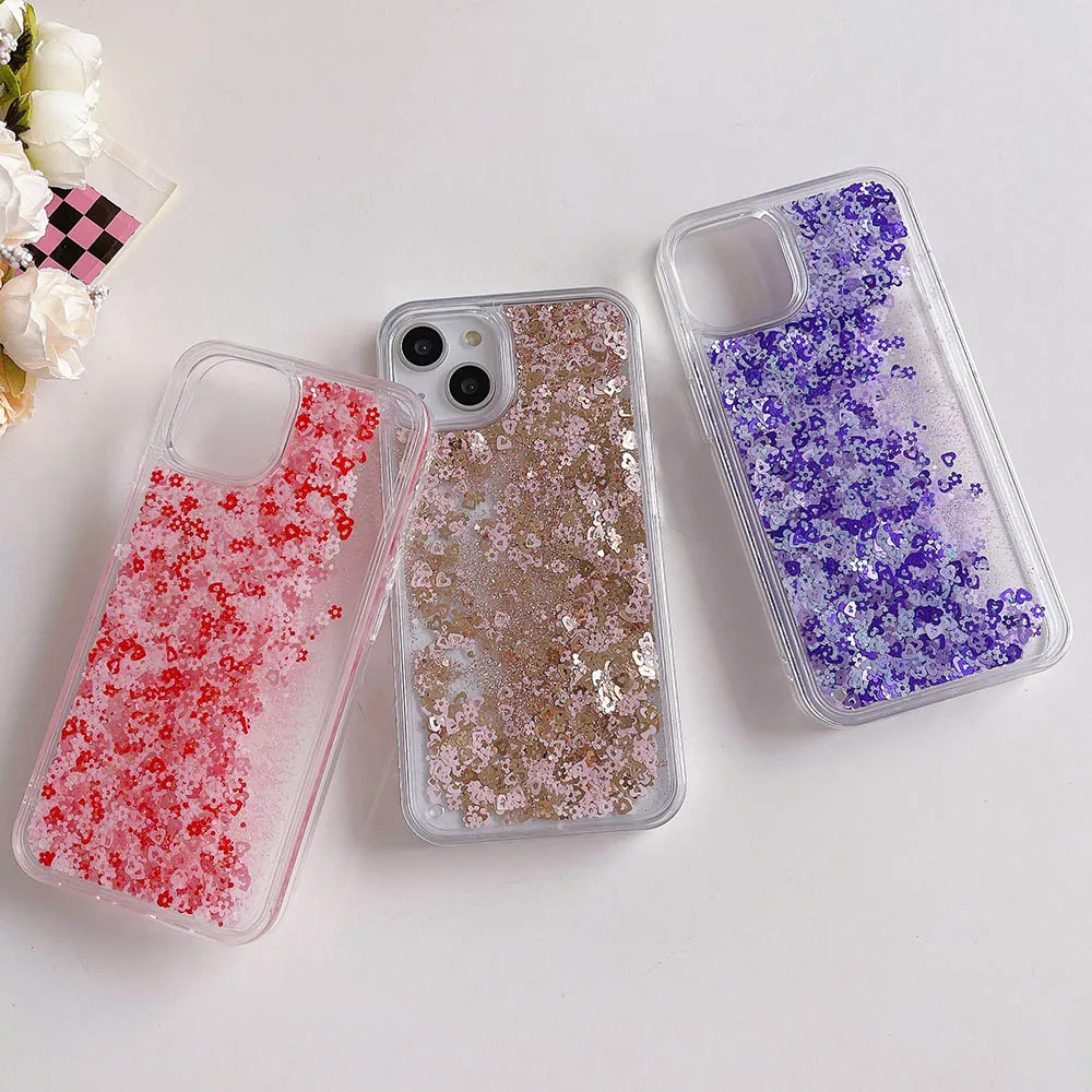 Sıvı Quicksand Bling Glitter Aşk Kalp Çiçek Sequins Telefon Kılıfı İçin iPhone 14 13 12 11 Pro Max X XR XS MAX 7 8 Artı SE Kapak