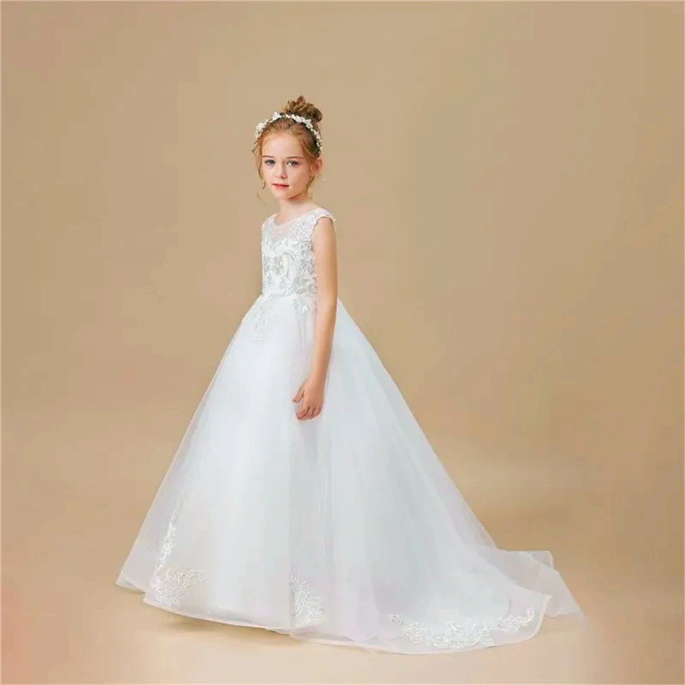 Zarif Kolsuz Tül Dantel Baskı Çiçek Kız Elbise Prenses Balo İlk Communion elbise Çocuklar Sürpriz doğum günü hediyesi
