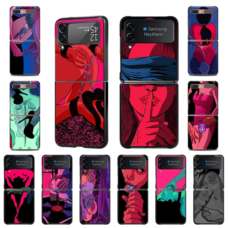 Samsung Z Flip 4 3 5G Seksi Kız Bayan Kırmızı Dudaklar Siyah sert çanta Galaxy Z Flip4 Flip3 Renkli Baskı cep telefonu kılıfı Kapak