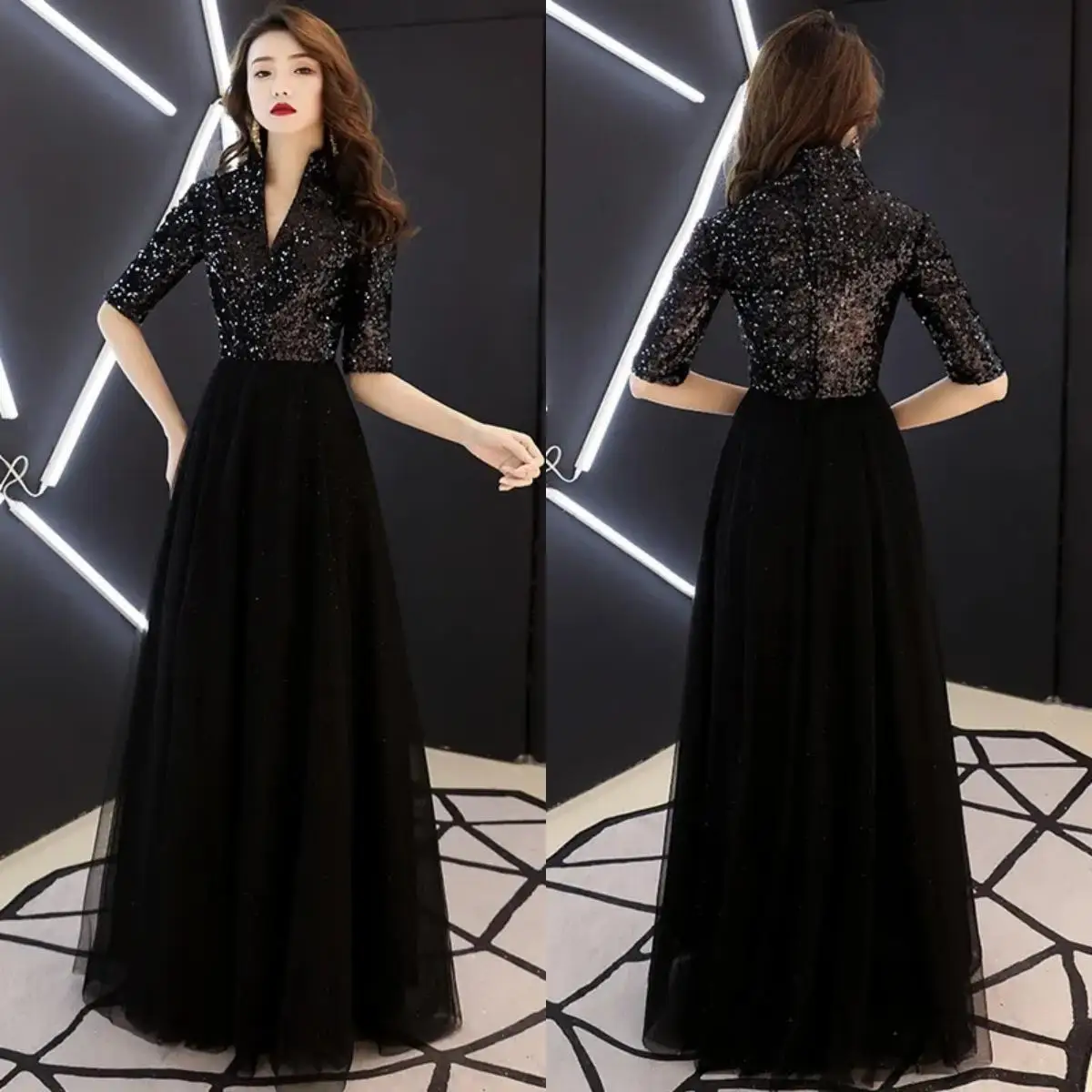 Siyah gece elbisesi Sequins Tül V Yaka Yarım Kollu Fermuar A-line Kat Uzunluk Artı boyutu Kadın Parti Elbise Vestidos De Fiesta