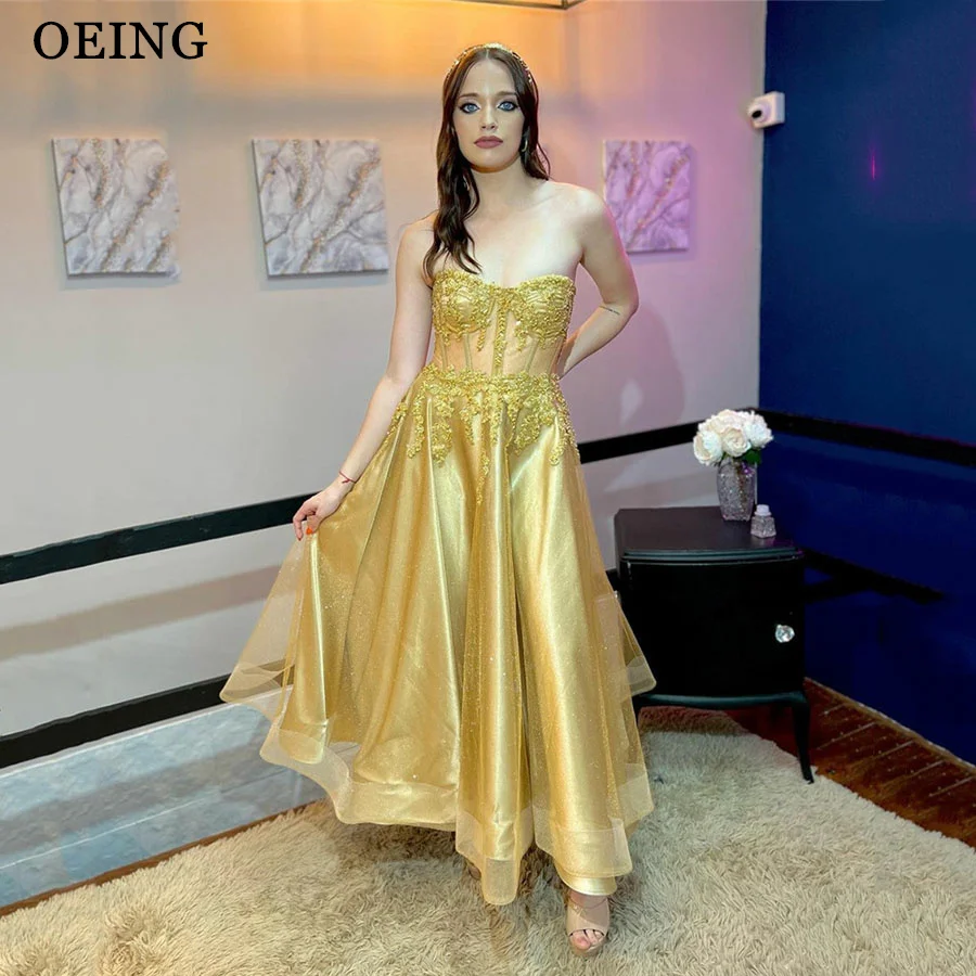OEING Sparkly Altın Bir Çizgi balo kıyafetleri Zarif Straplez Aplikler Ayak Bileği Uzunluk Abiye giyim Parlak Düğün Parti Elbise Olay
