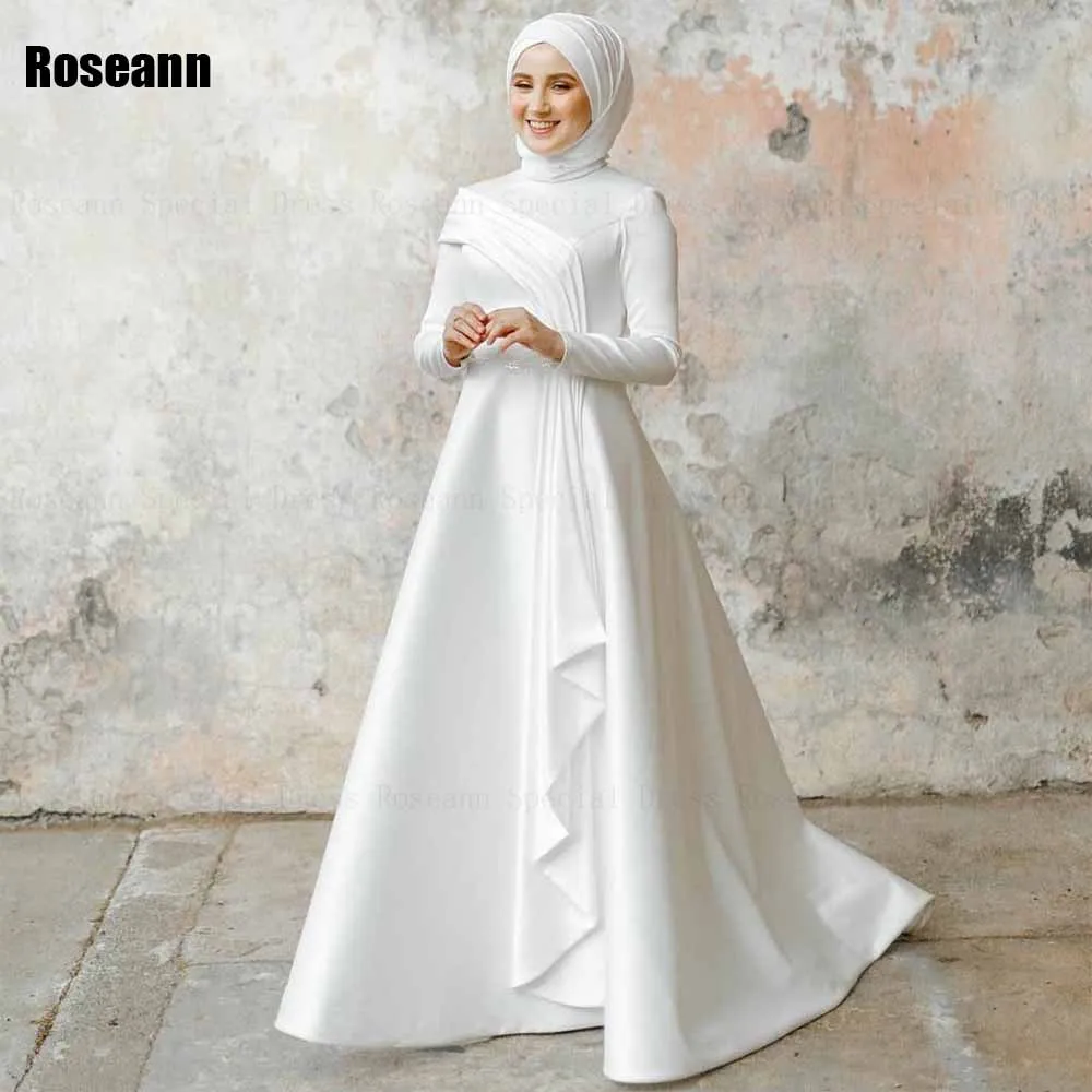 Müslüman 2024 Yeni Zarif Yüksek Yaka A-line Gelinlik Fırfır Saten Dökümlü Plise Kat Uzunluk gelinlik robe de mariée