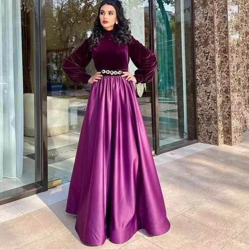 Yeni Müslüman balo kıyafetleri Kadınlar için Kadife Boncuklu Uzun Kollu Kat Uzunlukta Zarif Resmi Vestidos Para Mujer فستان 2023