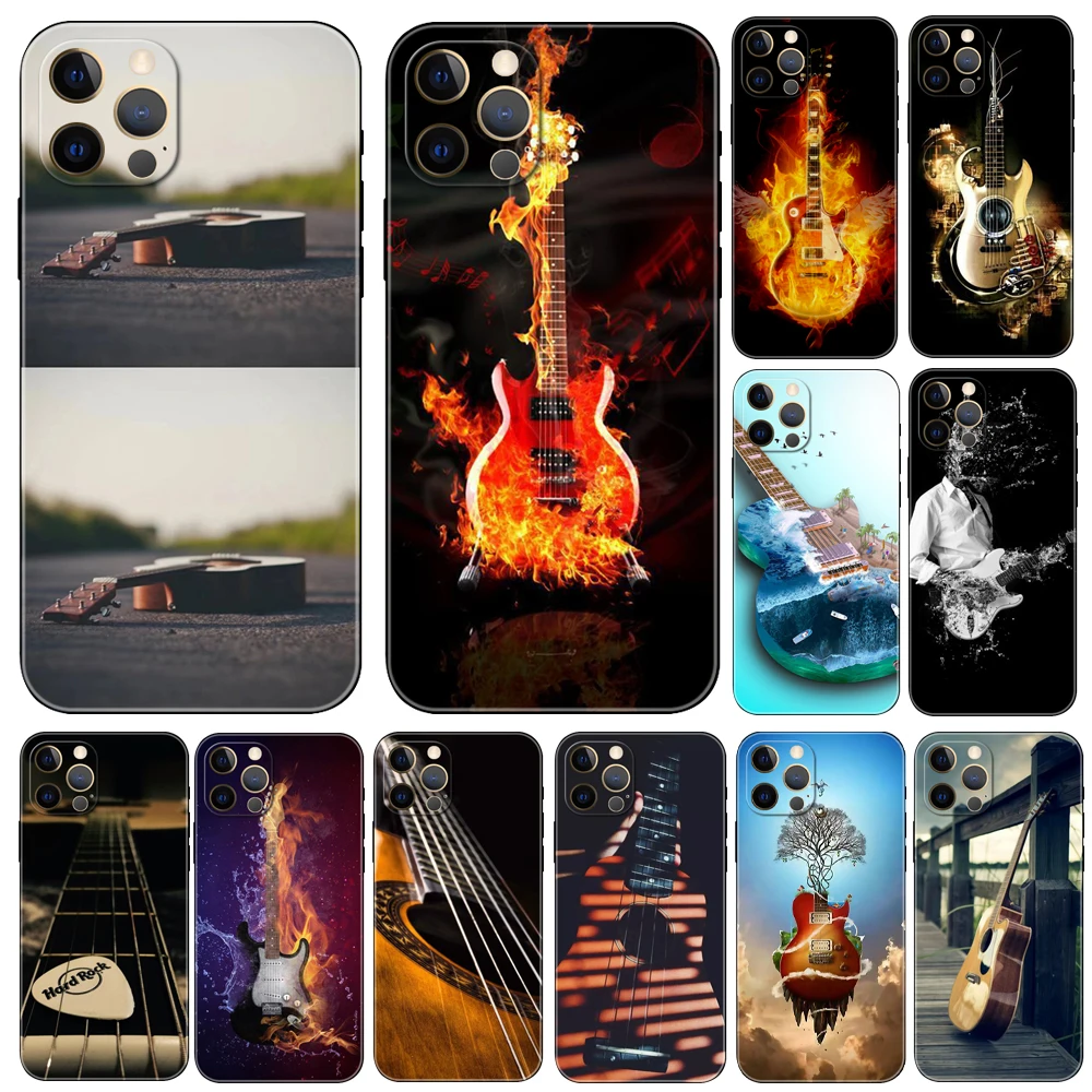 Gitar Dizeleri Müzik Guitares Enstrüman telefon kılıfı için iphone 14 se 6 6s 7 8 artı x 10 XR XS 11 12 13 mini pro MAX siyah tpu