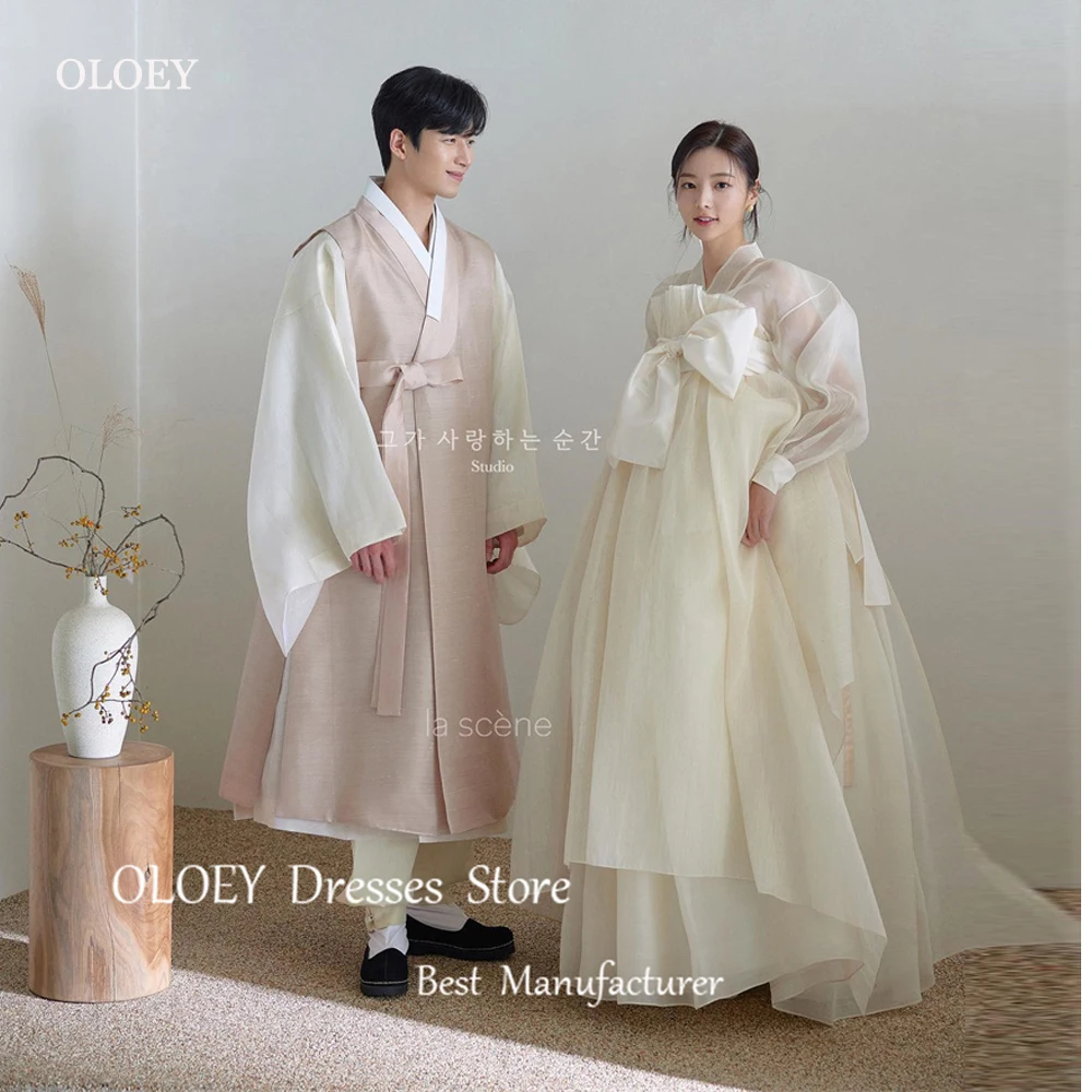 OLOEY 4 Kore Hanbok Gelinlik Photoshoot V Boyun Uzun Kollu Ipek Organze gelinlikler Örgün Durum Elbise