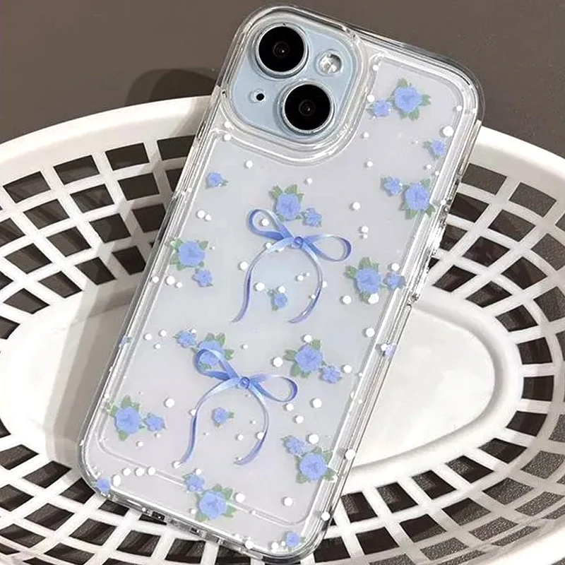 Sevimli Mavi Çiçek İlmek telefon kılıfı için iPhone 15 14 11 12 13 Pro Kore INS Geometrik telefon kılıfı Max iPhone XR XS MAX