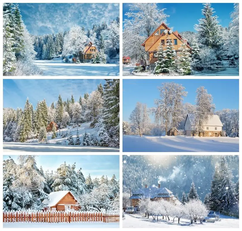Laeacco Kış Kar Zemin Ahşap Ev Açık Havada Doğal Dağlar Sahne Çocuk Yetişkin Noel Portre Fotoğrafçılığı Arka Plan