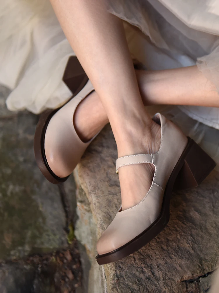 Artmu Retro Kalın Topuk Ayakkabı Kadınlar İçin Kayış Toka 6cm Yüksek Topuk Lüks 2023 Yeni Bahar Pompaları Hakiki deri Bayan Ayakkabıları