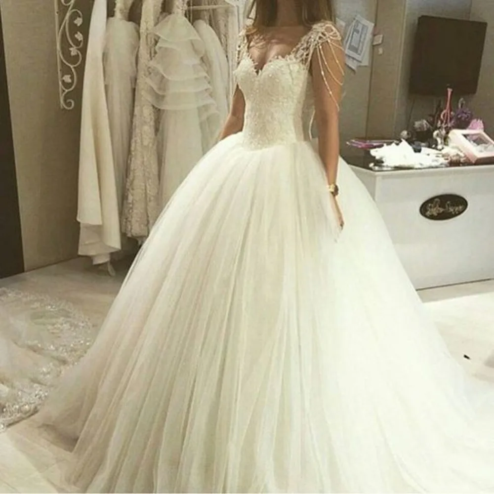Vestidos De Novia Boncuk Sapanlar Cap Sleeve Dantel Aplikler Balo Sevgiliye düğün elbisesi düğün elbisesi