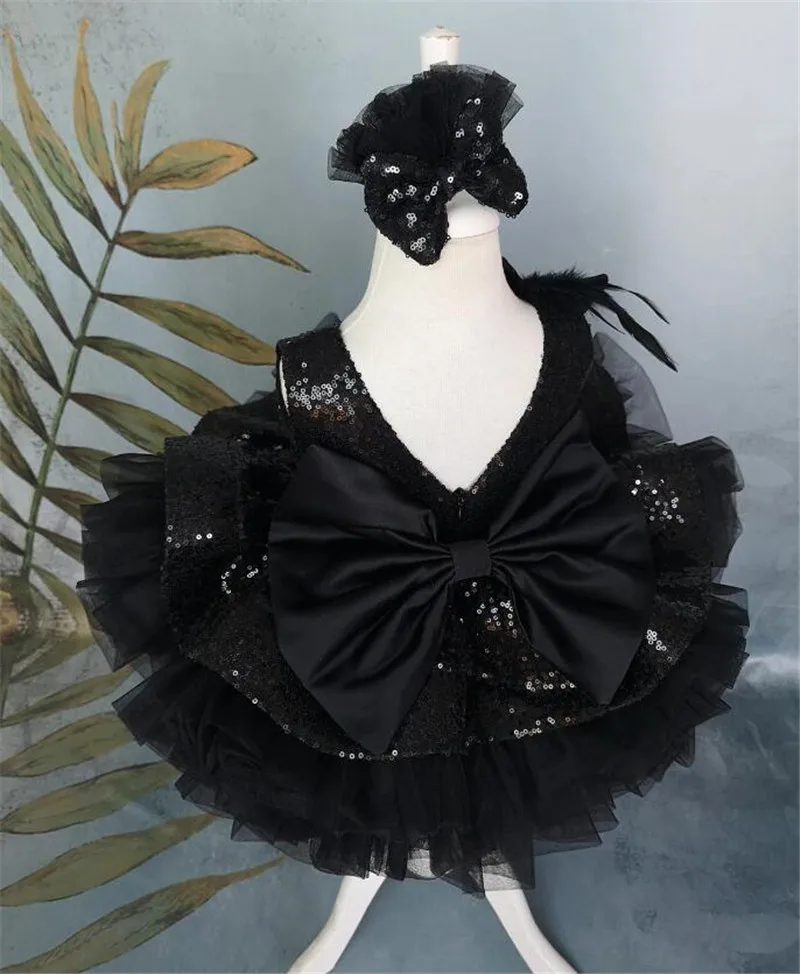 Yeni Siyah Kabarık Bebek Kız Elbise Yay ile Bebek Tutu Kıyafet Payetli Çocuk Doğum Günü Elbise noel hediyesi Fotoğraf
