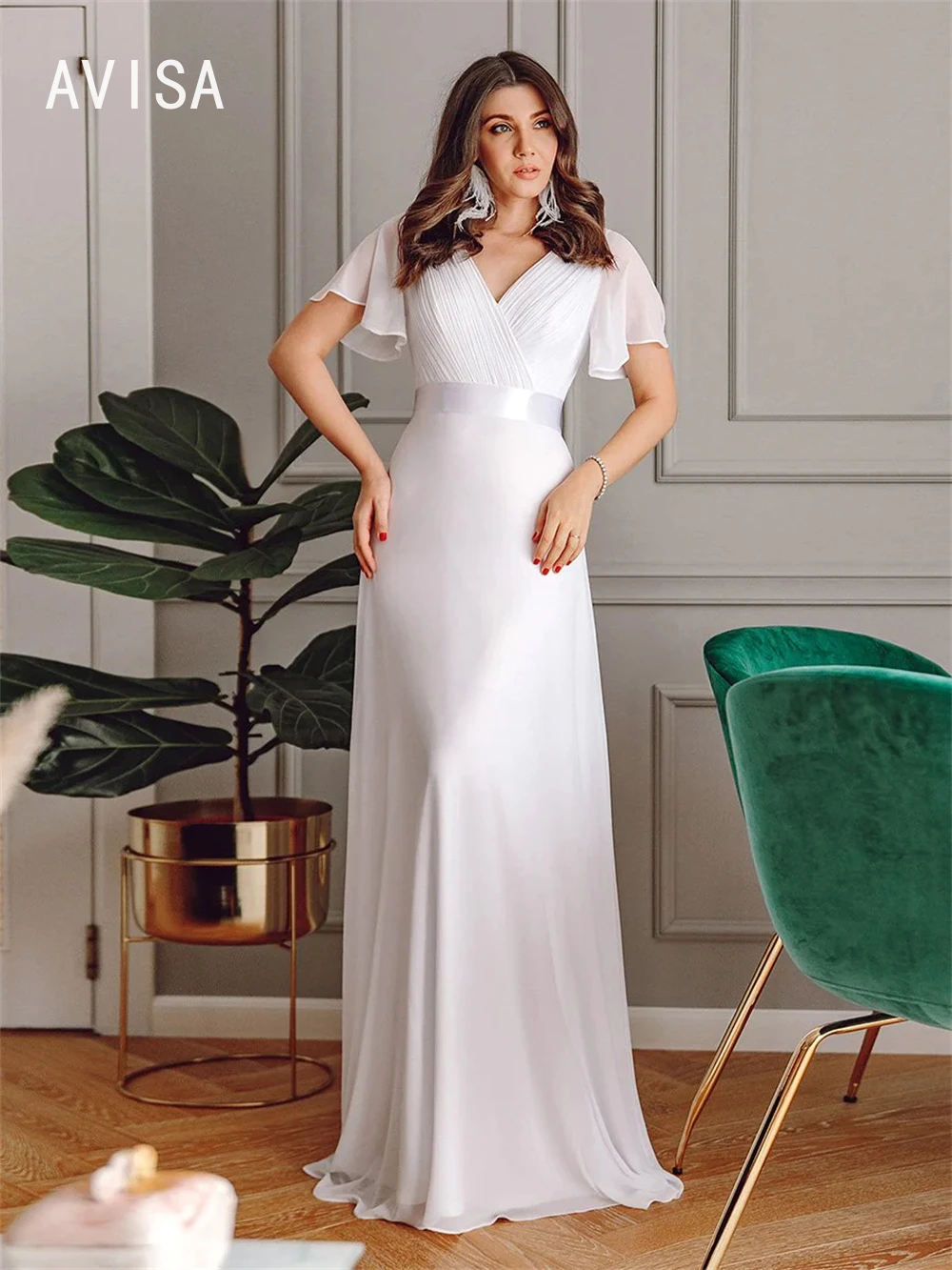 Klasik Derin V Yaka Kat uzunlukta düğün elbisesi Zarif Kısa Kollu A-line gelin kıyafeti Basit Vestidos De Novia robe de mariée
