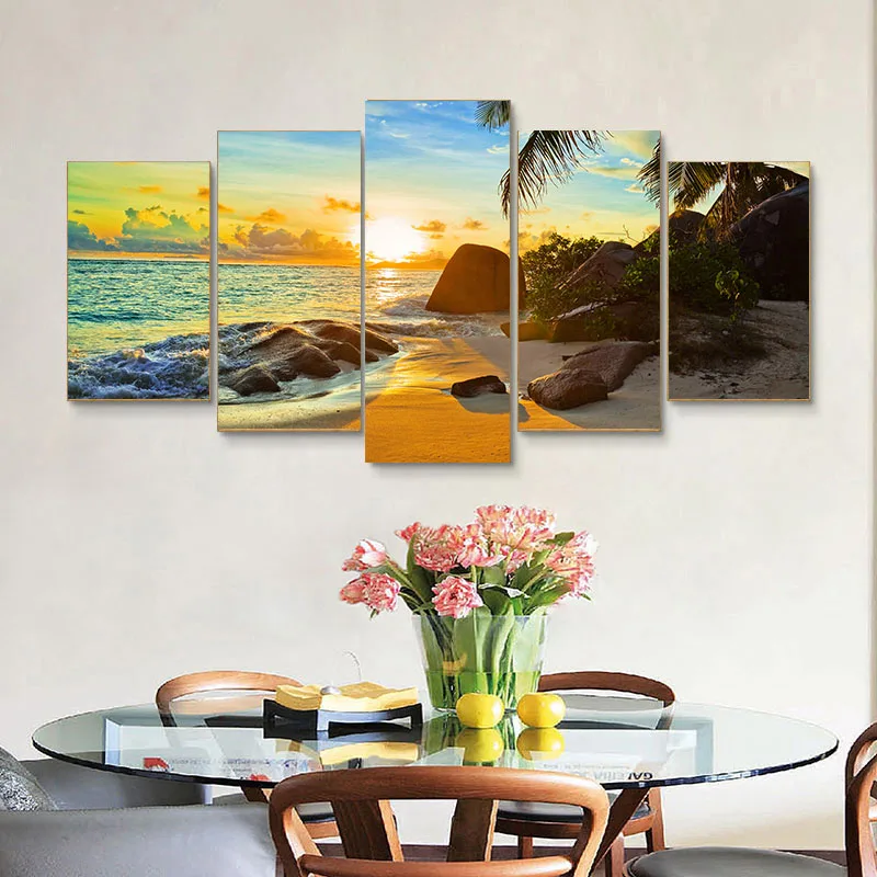 Hiçbir Çerçeveli Tuval 5 Parça Plaj Deniz Manzarası Günbatımı Görünümü Duvar Sanatı Posterler Resimleri Ev Dekorasyonu Resimleri ıçin Oturma Odası Süslemeleri