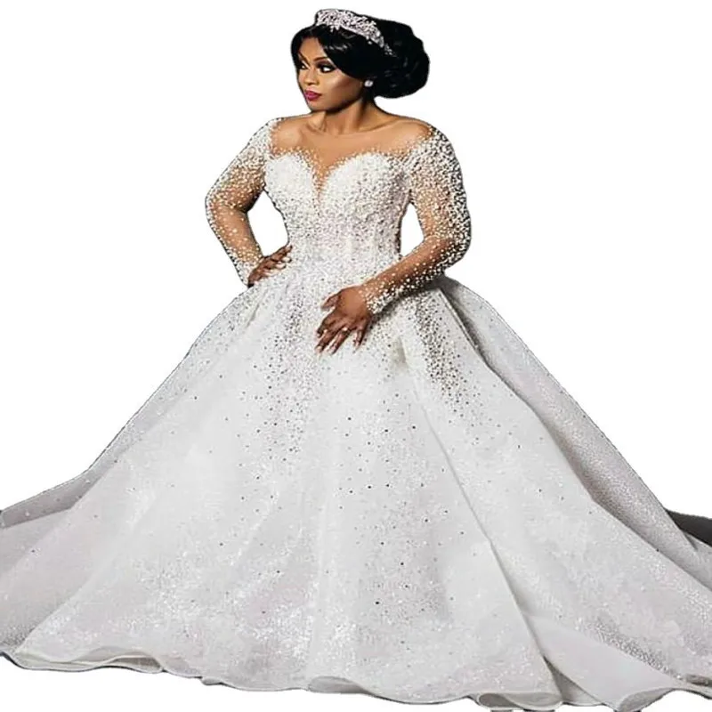 Balo elbisesi Artı Boyutu düğün elbisesi Özelleştirilmiş Boyutu Ağır İnciler Boncuk Uzun Kollu Afrika gelinlikler