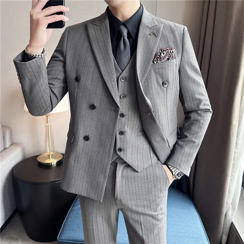 Blazer Seti Takım Elbise Erkekler için (Ceket + Yelek + Pantolon)üç Parçalı Set şerit İş Casual Slim Fit Resmi Elbise Damat Smokin Düğün