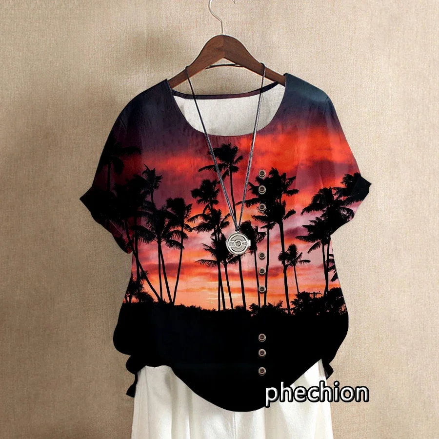 phechıon Kadın Moda Palmiye Ağacı Desen 3D Baskılı Üstleri Yaz Rahat sıfır yaka bluzlar Gevşek kısa kollu tişört Bayanlar Bluzlar H07