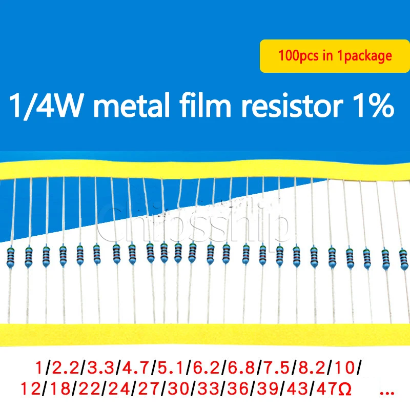 1/4W Metal film rezistans 1 %5 Renk Halka Direnç 1 ohm 2.2 ohm 3.3 ohm 4.7 ohm 5.1 ohm 10 ohm 47