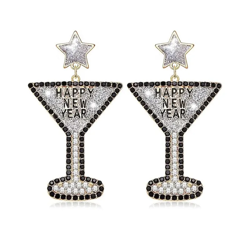 Yeni Yıl Martini Cam Küpe / / Mutlu Yeni Yıl Bırak Dangle Küpe Kadınlar için şampanya flüt kadehler NYE Kıyafet Alkış Aksesuarları