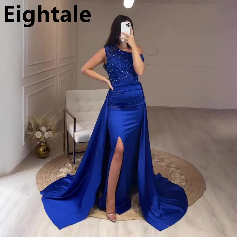 Eightale Kraliyet Mavi Bir Omuz Boncuklu Yan Yarık Boncuklu Mermaid Akşam Elbise Uzun Lüks 2022 Dubai Kadınlar Örgün Parti Kıyafeti