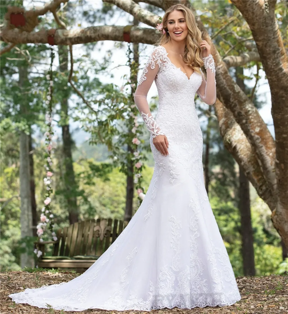 Lüks Robe de mariage 2023 Yeni Varış Uzun Kollu Vestido De Novia Custom Made V Boyun düğün elbisesi Robe De Mariee