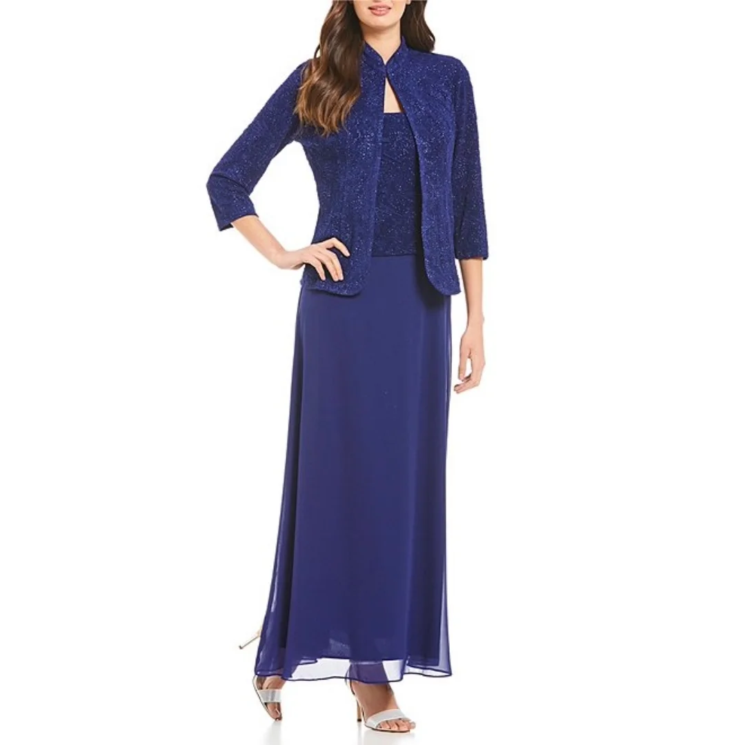 Regal Elektrik Mavi Şifon Elbisesi Dantel Ceket ile Ayak Bileği Uzunluğu anne gelinlik Düğün Parti Özel Günler için