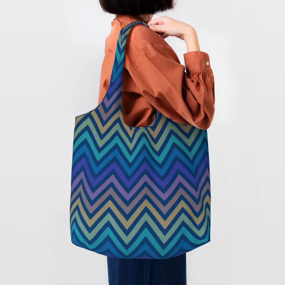 Zikzak Desen Bakkal Alışveriş Çantaları Tuval alışveriş çantası omuz çantaları Büyük Kapasiteli Taşınabilir Bohemian Modern Geometrik Çanta