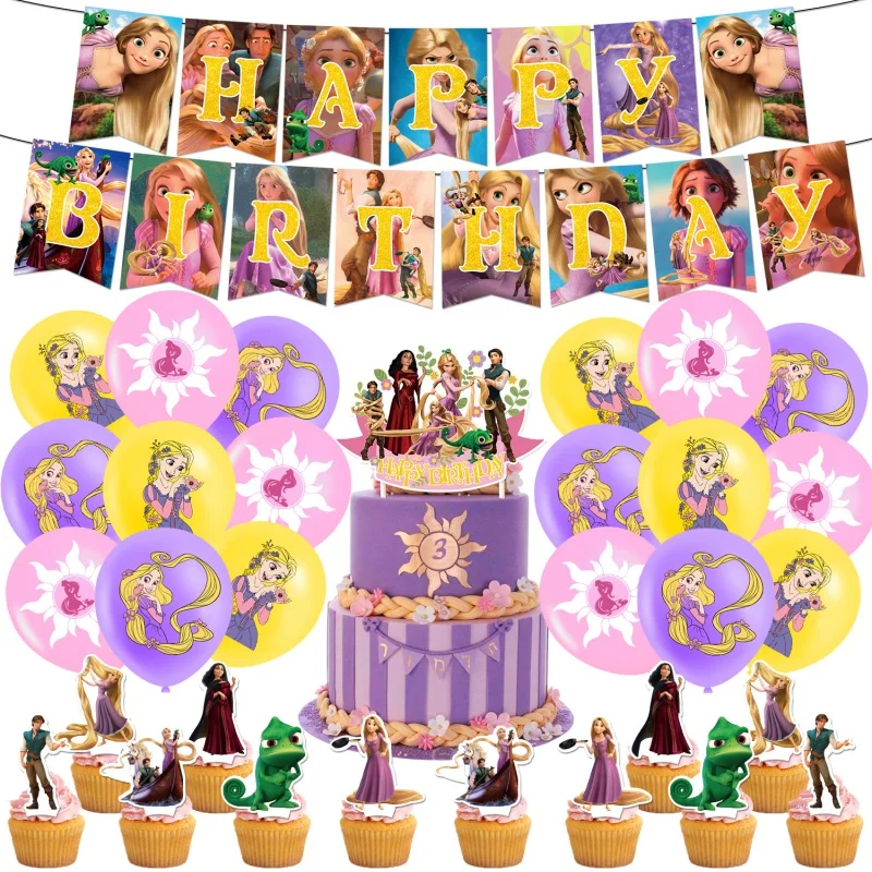 Disney Karışık Tema Doğum Günü Partisi Dekorasyon Rapunzel Çekme Bayrağı Kek Ekleme Kartı Balon Spiral Düzeni Malzemeleri