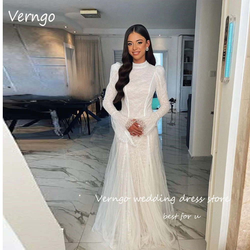 Verngo Zarif Mütevazı Tam Dantel Mermaid Gelinlik Uzun Kollu Yüksek Boyun Yumuşak Tül gelinlikler Robe de mariage Vestidos