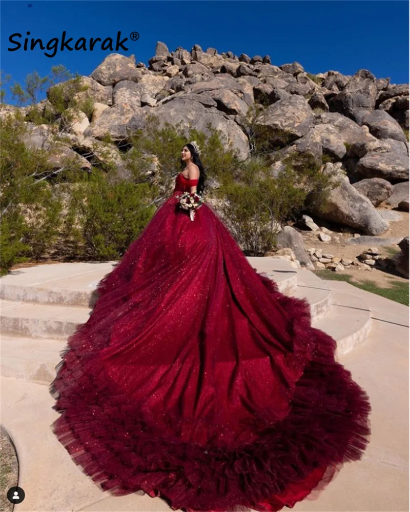 Lüks Kırmızı Şarap Parlak Katmanlı Ruffles Balo Quinceanera elbise Aplike Tatlı 16 Vestido De 15 Anos Gelinlikler