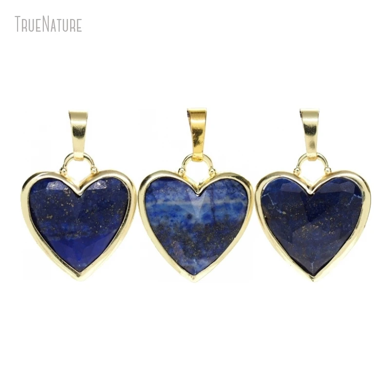 10 Adet Toptan Kalp Şekli Noktası Hediye Takı Altın Renk Lapis Lazuli Taş Kolye