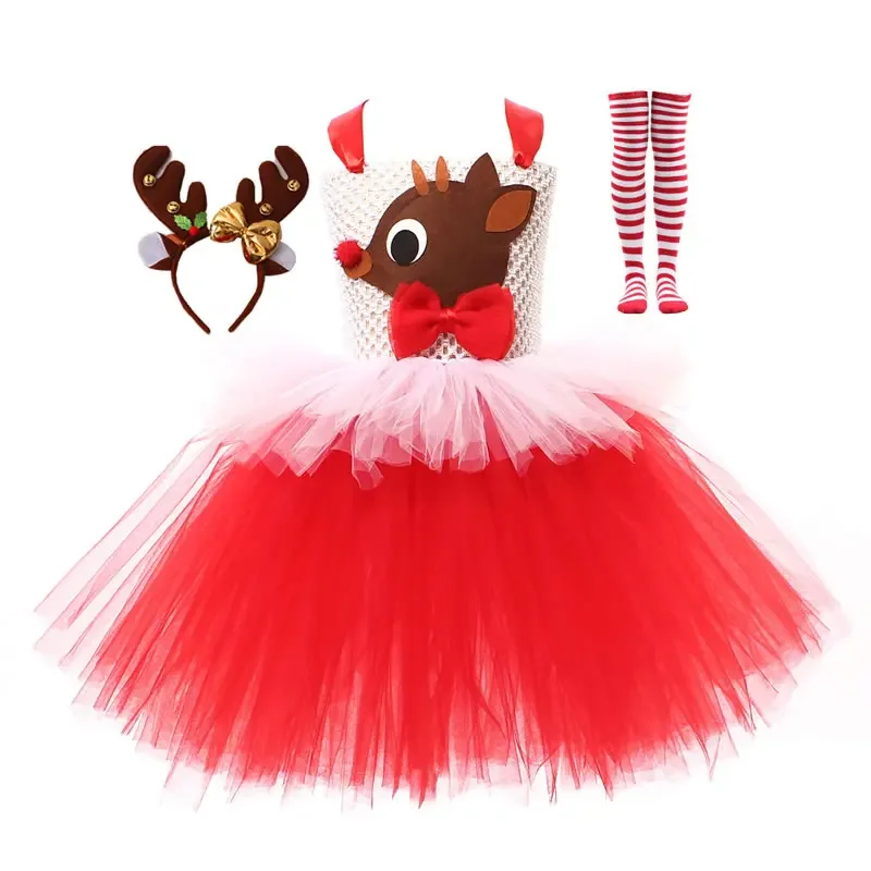 Noel Rudolf Kostüm Genç Kız Dantel TUTU Elbise Noel Noel Baba Çocuk Sling Geyik Rop + Kafa Bandı + Çorap 3 ADET Kıyafet