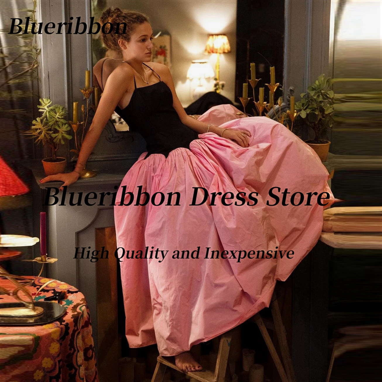 Blueribbon Ünlü Özel Ziyafet Bayanlar Kontrast Renk balo kıyafetleri Dantelli Ayak Bileği Uzunluğu Doğum Günü Partisi Akşam Resmi Elbise