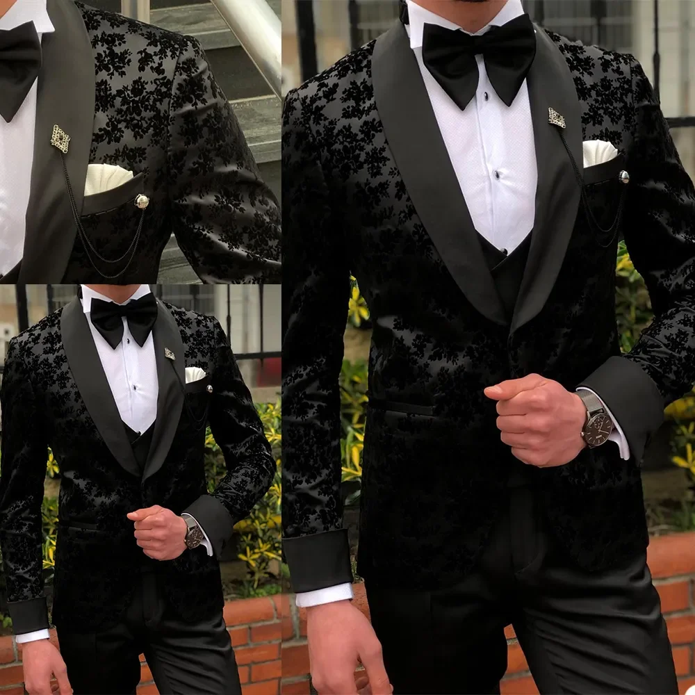 2024 Yeni 3 Adet Siyah Erkek Takım Elbise Düğün Smokin Özel Dantel Damat Groomsmen Takım Elbise Erkek İş resmi giysi (Ceket + Pantolon + Yelek)