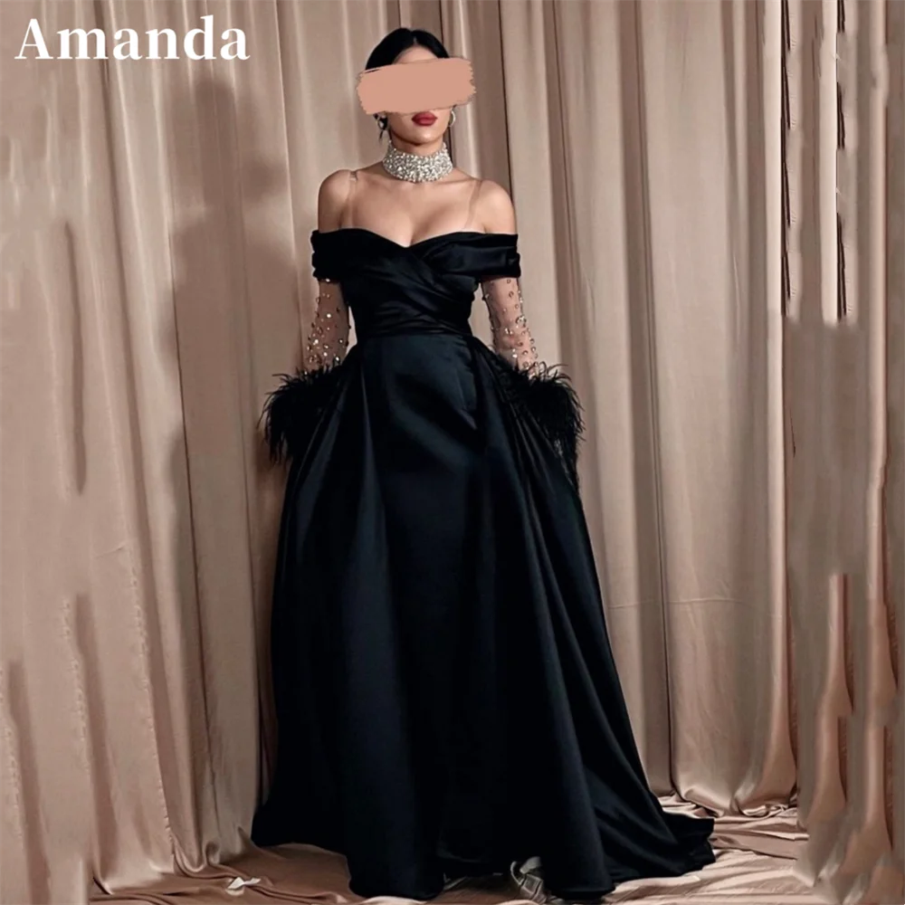 Amanda Zarif A-line فساتين سهره فاخره2023 Manşet Tüyleri balo kıyafetleri Lüks Parlak Elmas Uzun Kollu Vestidos De Noche