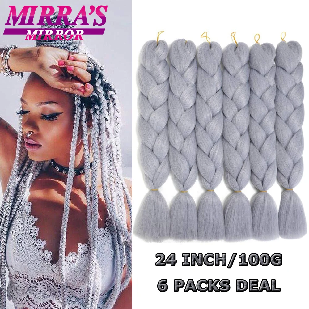 6 Paket Örgü Saç 24 İnç Sentetik Jumbo Kutusu Örgüler Afro saç ekleme Örgüler için Saf / Ombre Renk Gümüş Gri Sahte Saç