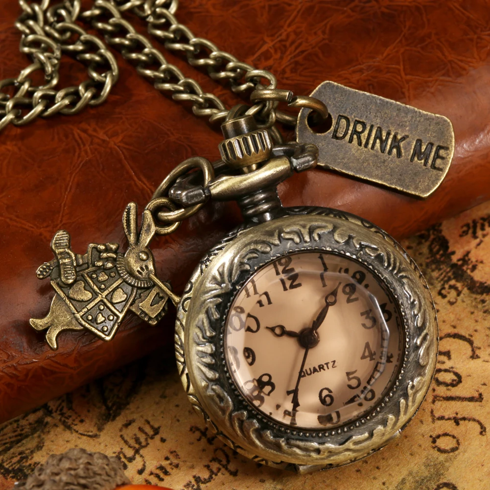 Vintage quartz saat Güzel Tavşan Bronz cep saati Kolye Flip Temizle Kapak Saat Zinciri ile Hediye Kız Reloj De Bolsillo