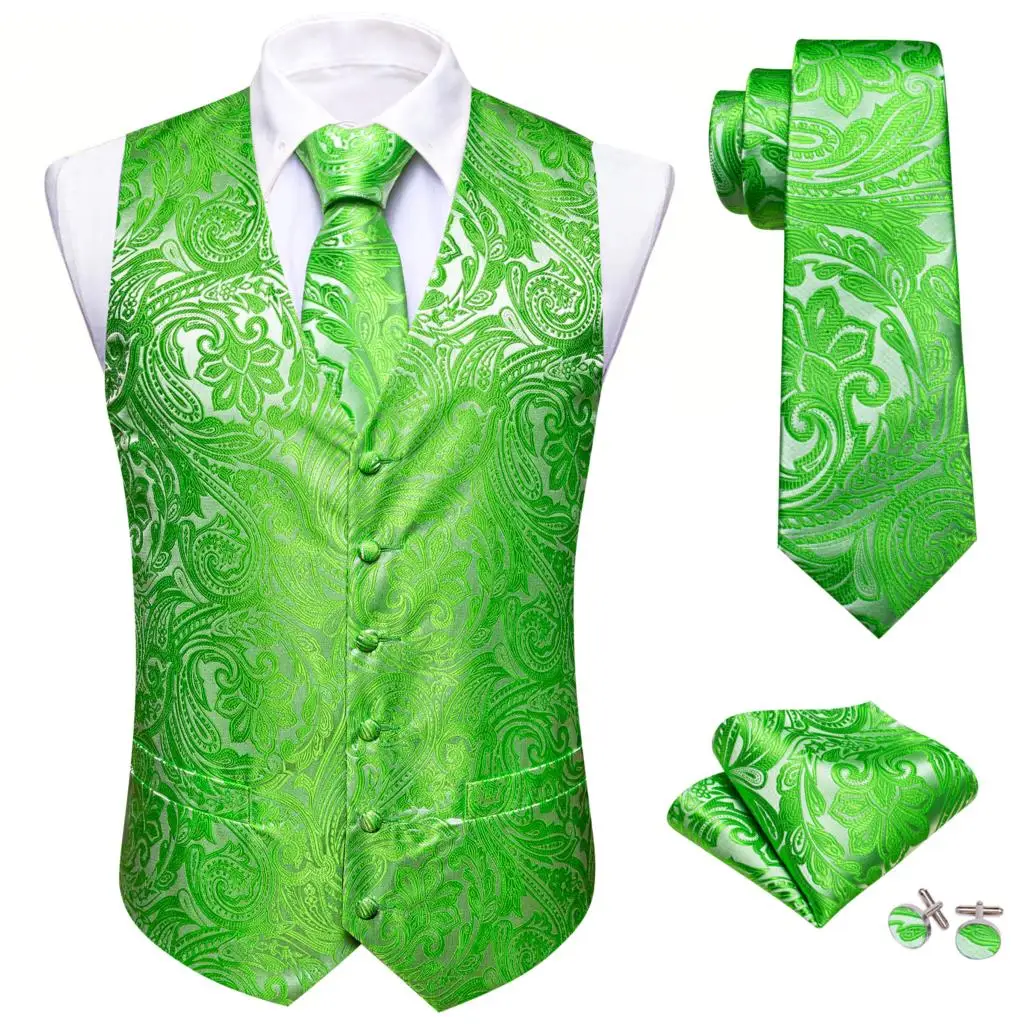 Zarif Yelek Erkekler için İpek Yeşil İşlemeli Yelek Kravat Seti Düğün Resmi Erkek Takım Elbise Parti İş Kolsuz Barry Wang