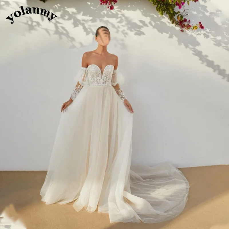YOLANMY Modern Bohemian düğün elbisesi Ayrılabilir Uzun Kollu Sevgiliye Aplikler Mahkemesi Tren Illusion Backless Damla Nakliye