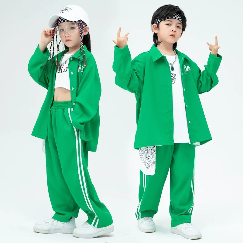Çocuk Hip Hop dans kostümü Kızlar Yeşil Takım Elbise Erkek Gömlek Pantolon Kısa Kollu Caz Performans Giyim Kpop Sahne Giyim