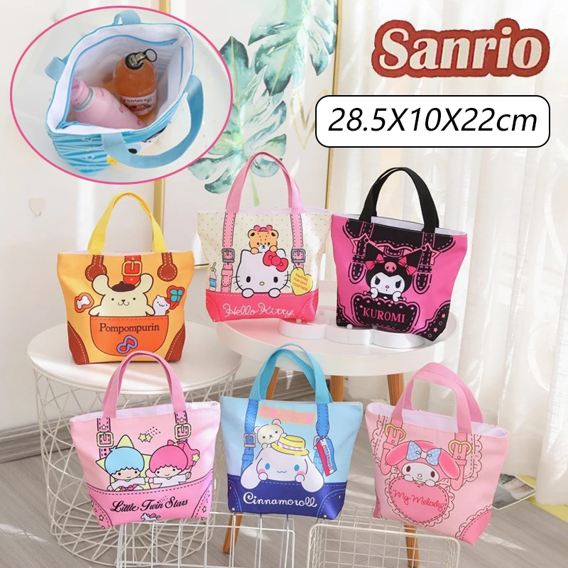 Sanrio Hello Kitty Tote Çanta Tuval Öğle Yemeği Çantası Karikatür Anime Taşınabilir fermuarlı çanta Öğrenci Kadın Açık Gıda Saklama torbaları Hediye