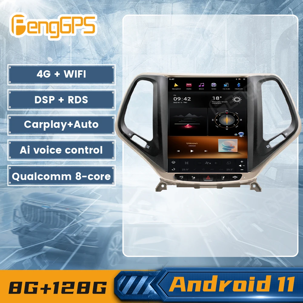 Araba Radyo Stereo 8 + 128G Android 11 Radyo Jeep Cherokee 2014-2018 İçin Otomatik Stereo Multimedya Oynatıcı IPS Ekran GPS Navi Carplay