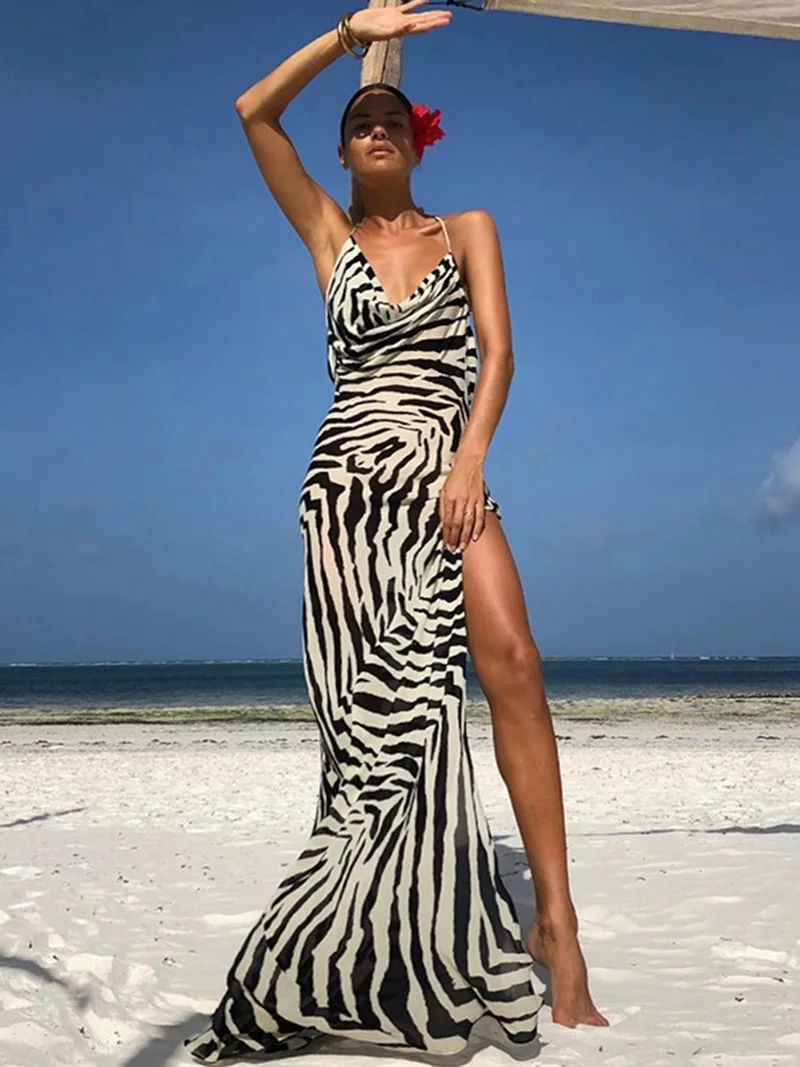 Yaz Bahar 2022 Kadın Zebra Baskılı Spagetti kemerli elbise Seksi Backless Bodycon Slim Fit Plaj Maxi Yarık Elbise Kadın