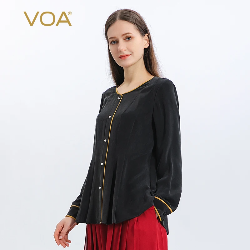 VOA Ipek Sıkıntılı Mat Siyah Işlemeli Fişekleri O-Boyun Kadın Tişörtleri Sonbahar Ofis Gömlek Uzun Kollu Gevşek Bayanlar Tops BE919