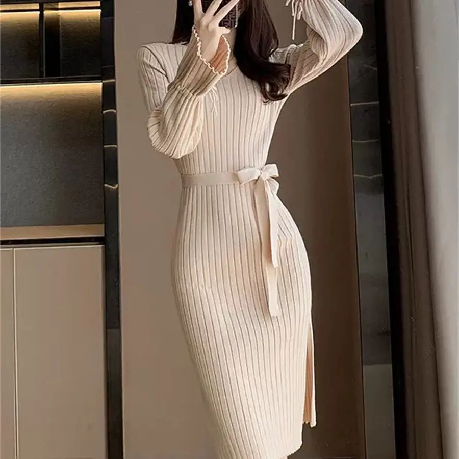 Zarif Bodycon Elbise Kadınlar için 2023 Katı V Yaka Parlama Kollu Uzun Sonbahar Ve Kış Elbiseler Tatil Kadın Vestidos R113