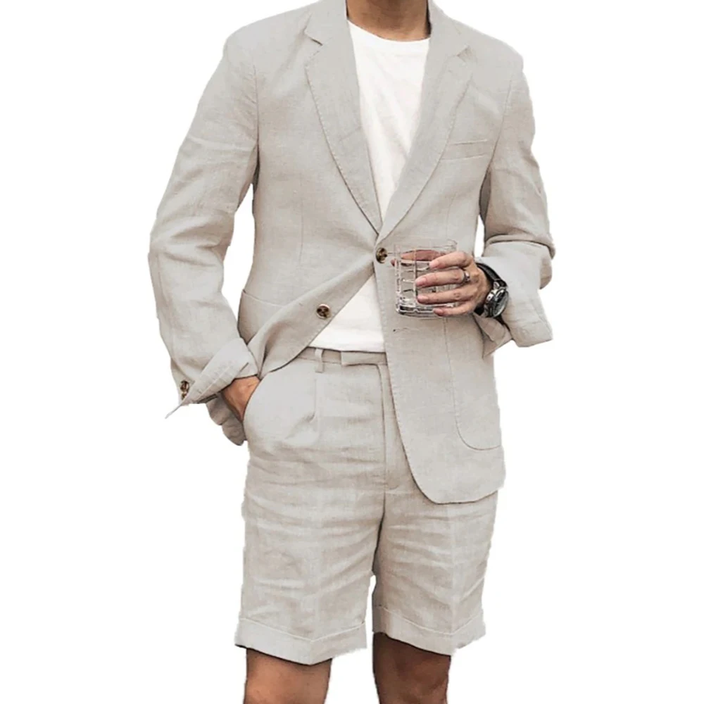 Yaz Ceket Pantolon İki Parçalı Bej Çentikli Yaka Şort Keten Rahat Plaj Eğlence Terno Kostüm Hombres Masculino Erkek Takım Elbise