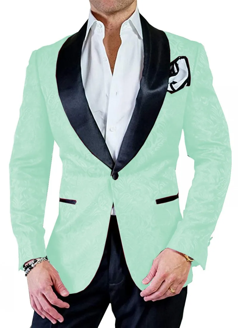 2023 Groomsmen Nane Yeşil Desen Siyah Damat Smokin Şal Yaka Erkek Takım Elbise 2 Adet Düğün En İyi Adam (ceket + Pantolon )