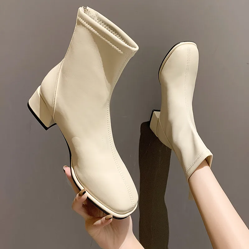 Bayan Botları Fermuar Deri kadın ayakkabısı Kış Ayakkabı Botları-Kadın Ayak Bileği 2023 Kaya Med Sonbahar Kauçuk Katı Temel Retro Kare T