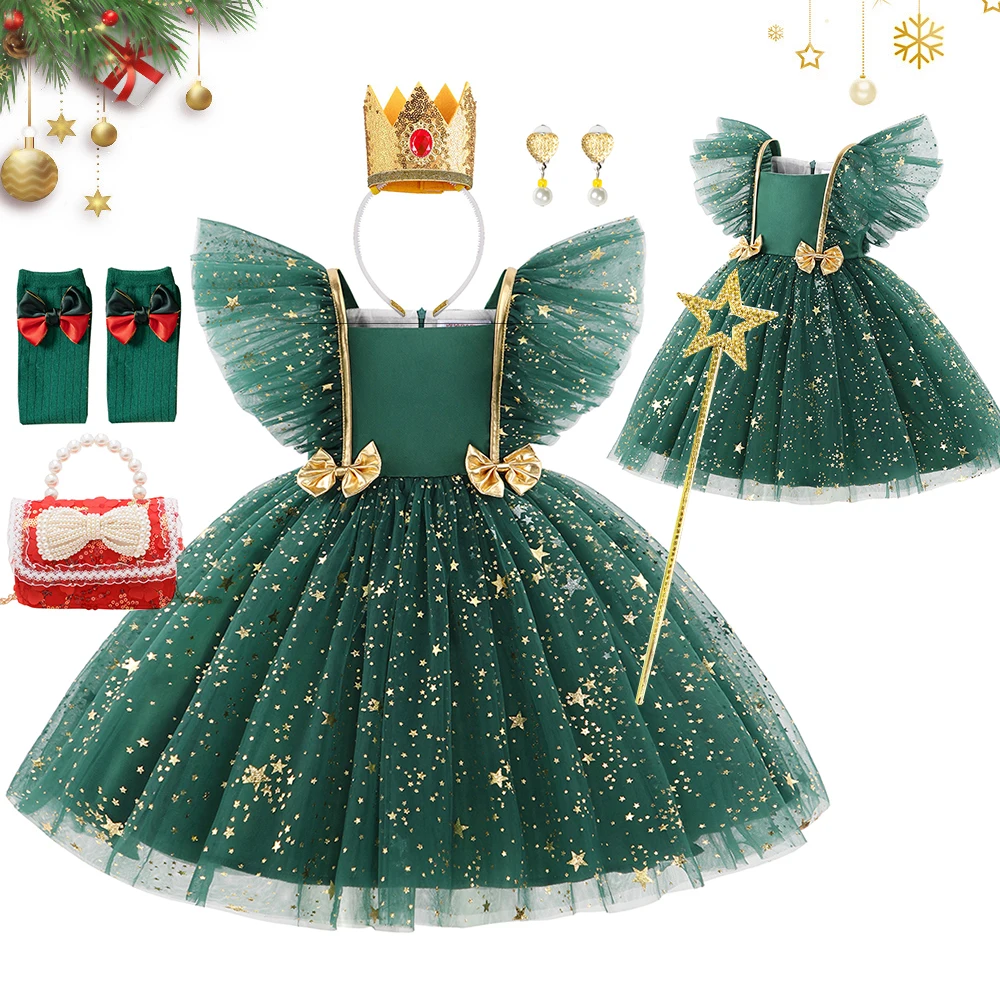 2024 Noel Partisi Elbise Çocuklar İçin Fantezi Karnaval Parti Elbise Lüks Yıldız Tutu Vestido Zarif Balo Prenses Yay ile