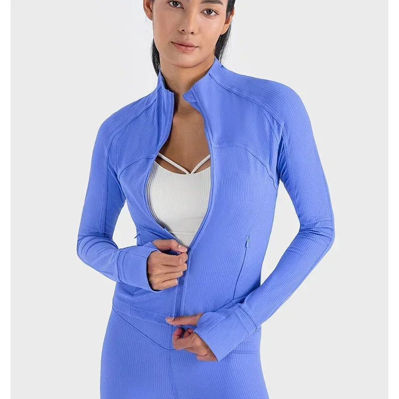 Lulu-Kadın Nervürlü Kırpılmış Tanımlamak Standı Boyun Ceket Hafif Nefes Yüksek Elastik Spor Yoga Ceket Sıkı utdoor Spor Üst