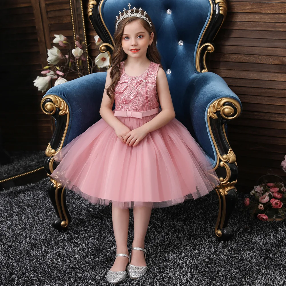 Çocuk Muhteşem Elbise Pullu Boncuk Dize Örgü Kızların Kabarık Elbise Performans Elbise Kolsuz Prenses Elbise